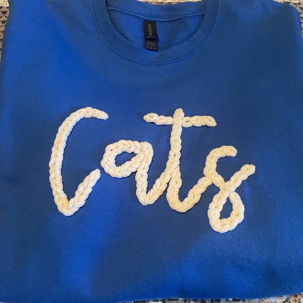 Cats Script Pullover Sweatshirt - Royal Blue with Cream Applique